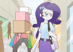 Size: 3024x2150 | Tagged: safe, artist:howxu, character:rarity, oc, oc:generic messy hair anime anon, my little pony:equestria girls, clothing, commission, female, glasses, mall, pants, purse, shopping, shopping bags, skirt, solo, struggling