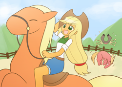 Size: 1512x1075 | Tagged: safe, artist:howxu, character:applejack, character:big mcintosh, oc, oc:generic messy hair anime anon, my little pony:equestria girls, clothing, commission, cowboy hat, denim skirt, female, freckles, hat, horse, humans riding horses, lonestar, rearing, reins, riding, scenery, skirt, solo, stetson