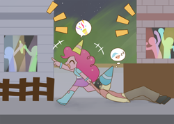 Size: 1512x1075 | Tagged: safe, artist:howxu, character:pinkie pie, oc, oc:generic messy hair anime anon, my little pony:equestria girls, building, clothing, commission, eyes closed, fence, hat, pants, party, party hat, skirt, sleeping