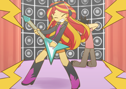 Size: 1512x1075 | Tagged: safe, artist:howxu, character:sunset shimmer, oc, oc:generic messy hair anime anon, my little pony:equestria girls, clothing, commission, cute, electric guitar, eyes closed, female, guitar, headphones, jacket, leather jacket, loud, pants, rocking out, shimmerbetes, skirt, solo, speakers, sunset shredder