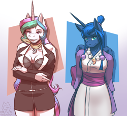Size: 1476x1350 | Tagged: safe, artist:mykegreywolf, character:princess celestia, character:princess luna, species:alicorn, species:anthro, species:pony, ace attorney, alternate hairstyle, ascot, breasts, cleavage, clothing, crossed arms, crossover, duo, female, mare, maya fey, mia fey, royal sisters, simple background, sisters, smiling