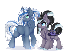 Size: 1024x819 | Tagged: safe, artist:pvrii, oc, oc only, oc:candle wick, oc:coastal frost, species:bat pony, species:pony, species:unicorn, bat pony oc, bat pony unicorn, brother and sister, female, hybrid, male, mare, simple background, stallion, transparent background
