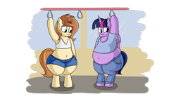 Size: 3840x2160 | Tagged: safe, artist:andelai, character:twilight sparkle, character:twilight sparkle (alicorn), oc, oc:celice, species:alicorn, species:pony, belly, belly button, big belly, bipedal, clothing, fat, obese, princess twilard, semi-anthro, simple background, transparent background, twilard sparkle, wide hips