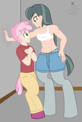 Size: 1564x2331 | Tagged: safe, artist:oneovertwo, oc, oc only, oc:abacus, oc:purity quartz, parent:cheerilee, parent:marble pie, satyr, abs, midriff, offspring, sexual harassment, size difference, strong, this will end in snu snu and/or death