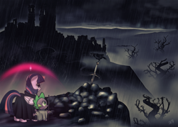 Size: 1576x1126 | Tagged: safe, artist:dsana, character:spike, character:twilight sparkle, character:twilight sparkle (alicorn), species:alicorn, species:bird, species:crow, species:dragon, species:pony, cloak, clothing, commission, glowing horn, magic, rain, ruins, scenery, sword in the stone, walking stick