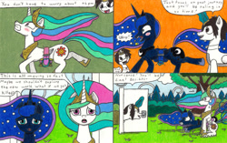 Size: 3278x2056 | Tagged: safe, artist:eternaljonathan, character:princess celestia, character:princess luna, oc, oc:nemo, species:alicorn, species:pony, comic:a new twist, burp, comic, door, forest, guardian, horn ring, royal sisters, saddle bag, science fiction, squeeze, squeezing, suggestive series, tight clothing, traditional art