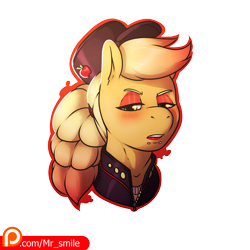 Size: 4000x4000 | Tagged: safe, artist:mr.smile, character:applejack, species:earth pony, species:pony, alternate hairstyle, blushing, bust, clothing, eyeshadow, female, hat, lidded eyes, lipstick, makeup, mare, patreon, patreon logo, piercing, portrait, punk, simple background, snake bites, solo, transparent background