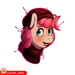 Size: 4000x4000 | Tagged: safe, artist:mr.smile, character:pinkie pie, species:earth pony, species:pony, alternate hairstyle, beanie, blushing, bust, clothing, ear piercing, earring, female, hat, jewelry, lipstick, mare, patreon, patreon logo, piercing, punk, simple background, smiling, solo, sweater, transparent background