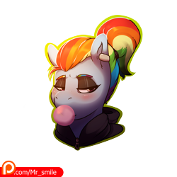 Size: 4000x4000 | Tagged: safe, artist:mr.smile, character:rainbow dash, species:pegasus, species:pony, alternate hairstyle, blushing, bubblegum, clothing, ear piercing, earring, eyeshadow, female, food, gum, hoodie, jewelry, lipstick, makeup, mare, patreon, patreon logo, piercing, ponytail, punk, simple background, solo, transparent background