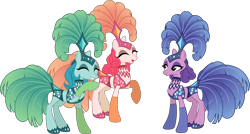 Size: 5612x3000 | Tagged: safe, artist:jeatz-axl, edit, character:emerald flare, character:sapphire sequins, character:sunset circus, episode:viva las pegasus, g4, my little pony: friendship is magic, absurd resolution, clothing, eyes closed, female, inverted mouth, laughing, midriff, open mouth, performer, raised hoof, show mares, showgirl, simple background, transparent background, trio female, vector