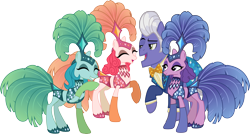 Size: 5612x3000 | Tagged: safe, artist:jeatz-axl, artist:uponia, edit, character:emerald flare, character:gladmane, character:sapphire sequins, character:sunset circus, episode:viva las pegasus, g4, my little pony: friendship is magic, absurd resolution, boss, cape, clothing, eyes closed, flirting, foursome, laughing, midriff, necktie, open mouth, performer, raised hoof, show mares, showgirl, simple background, transparent background, vector