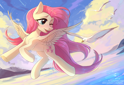 Size: 2002x1377 | Tagged: safe, artist:fensu-san, character:fluttershy, species:pegasus, species:pony, species:seagull, blushing, cloud, cute, female, looking back, mare, shyabetes, sky, solo, spread wings, water, wings