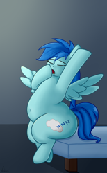 Size: 2160x3500 | Tagged: safe, artist:andelai, oc, oc only, oc:soft cloud, species:pegasus, species:pony, bed, belly button, fat, female, open mouth, pudgy, simple background, sitting, solo, stretching, yawn, ych result