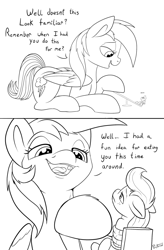 Size: 1500x2286 | Tagged: safe, artist:ponythroat, character:applejack, character:rainbow dash, species:earth pony, species:pegasus, species:pony, comic:failed lunch, comic, dialogue, eye contact, female, implied vore, looking at each other, mare, micro, missing accessory, monochrome, open mouth, rope, tied up