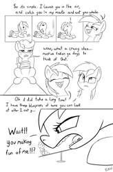 Size: 1500x2286 | Tagged: safe, artist:ponythroat, character:applejack, character:rainbow dash, species:earth pony, species:pegasus, species:pony, comic:failed lunch, angry, apple, comic, dialogue, eye contact, female, food, implied vore, looking at each other, mare, micro, missing accessory, monochrome, open mouth, rope, sitting, smug, tied up