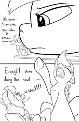 Size: 1500x2286 | Tagged: safe, artist:ponythroat, character:applejack, character:rainbow dash, species:earth pony, species:pegasus, species:pony, comic:failed lunch, angry, comic, dialogue, eye contact, female, implied vore, looking at each other, mare, micro, missing accessory, monochrome, open mouth, rope, sarcasm, sitting, smug, tied up, underhoof