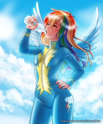Size: 744x900 | Tagged: safe, artist:racoonsan, character:rainbow dash, species:human, breasts, clothing, cutie mark on clothes, drink, drinking, eyes closed, female, humanized, long hair, solo, spread wings, sweat, uniform, water, water bottle, winged humanization, wings, wonderbolts uniform