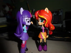 Size: 4896x3672 | Tagged: safe, artist:artofmagicpoland, character:sunset shimmer, character:twilight sparkle, ship:sunsetsparkle, my little pony:equestria girls, boop, cute, doll, equestria girls minis, female, lesbian, ponied up, shimmerbetes, shipping, toy, twiabetes