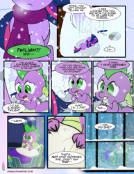 Size: 1275x1650 | Tagged: safe, artist:dsana, character:spike, character:twilight sparkle, species:dragon, species:pony, comic:the shadow shard, abuse, clothing, comic, crying, illusion, nightmare, scarf, semi-grimdark series, snow, spikeabuse
