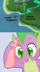 Size: 402x718 | Tagged: safe, artist:sunibee, edit, character:spike, species:dragon, blushing, hilarious in hindsight, image macro, kirin grove, lost lagoon, male, map, meme, open mouth, reaction image, simple background, solo, sweat, sweating towel guy, towel, wiping