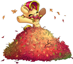 Size: 6012x5277 | Tagged: safe, artist:cutepencilcase, character:sunset shimmer, species:pony, species:unicorn, absurd resolution, autumn, cute, eyes closed, female, happy, leaf pile, mare, open mouth, shimmerbetes, simple background, smiling, solo, transparent background