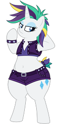 Size: 4688x9375 | Tagged: safe, artist:andelai, artist:besttubahorse, character:rarity, species:pony, species:unicorn, episode:it isn't the mane thing about you, g4, my little pony: friendship is magic, absurd resolution, alternate hairstyle, belly button, belt, bipedal, bracelet, chubby, clothing, collaboration, female, jewelry, lidded eyes, midriff, punk, punkity, semi-anthro, shorts, simple background, solo, transparent background, unamused, vector, vector trace, vest, wide hips