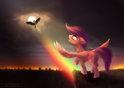 Size: 1432x1013 | Tagged: safe, artist:vincher, character:rainbow dash, character:scootaloo, species:pegasus, species:pony, cliff, duo, floppy ears, flying, rainbow trail, raised hoof, scootaloo can't fly, spread wings, sun, wings