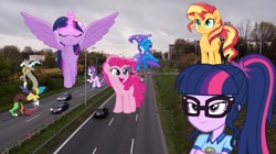 Size: 720x404 | Tagged: safe, artist:artofmagicpoland, artist:limedazzle, character:discord, character:pinkie pie, character:starlight glimmer, character:sunset shimmer, character:trixie, character:twilight sparkle, character:twilight sparkle (alicorn), character:twilight sparkle (scitwi), species:alicorn, species:eqg human, species:pony, my little pony: the movie (2017), my little pony:equestria girls, draconequus in real life, irl, photo, ponies in real life, vector