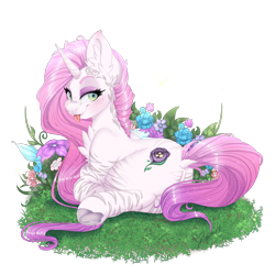 Size: 1600x1600 | Tagged: safe, artist:pvrii, oc, oc only, oc:flawless heart, species:pony, species:unicorn, chest fluff, dock, ear fluff, female, flower, freckles, lying down, mare, on side, piercing, raised eyebrow, simple background, smiling, solo, tongue out, tongue piercing, transparent background, underhoof