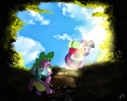 Size: 1328x1062 | Tagged: safe, artist:dsana, character:spike, character:twilight sparkle, character:twilight sparkle (alicorn), species:alicorn, species:dragon, species:pony, backpack, cloud, crepuscular rays, female, grass, looking back, male, mare, raised hoof, saddle bag, sky, smiling, travelling, underhoof