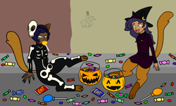 Size: 1500x903 | Tagged: safe, artist:oneovertwo, oc, oc only, oc:cooper, oc:jazz, parent:capper dapperpaws, satyr, my little pony: the movie (2017), bone, candy, clothing, costume, food, halloween, holiday, offspring, pumpkin bucket, skeleton, skeleton costume, witch