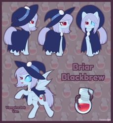 Size: 856x934 | Tagged: safe, artist:hawthornss, oc, oc only, oc:briar blackbrew, cloak, clothing, hat, looking at you, reference sheet, vampire bat pony, witch hat