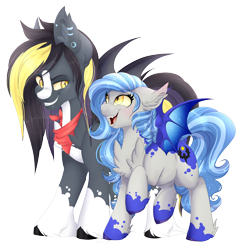 Size: 4500x4500 | Tagged: safe, artist:pvrii, oc, oc only, oc:gusty sky, oc:midnight radiance, species:bat pony, species:pony, absurd resolution, bat pony oc, clothing, duo, ear piercing, earring, female, grin, jewelry, looking at each other, male, mare, open mouth, piercing, scarf, simple background, smiling, stallion, transparent background