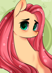 Size: 2507x3541 | Tagged: safe, artist:yukomaussi, character:fluttershy, species:pony, bust, female, frown, head turn, looking at you, portrait, signature, solo, starry eyes, wingding eyes