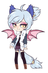 Size: 1083x1633 | Tagged: safe, artist:hawthornss, oc, oc only, oc:moon sugar, species:anthro, species:bat pony, bedroom eyes, clothing, cute, cute little fangs, ear fluff, eyeshadow, fangs, jacket, looking at you, makeup, male, smiling, socks, solo, trap
