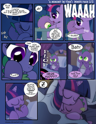 Size: 1275x1650 | Tagged: safe, artist:dsana, character:spike, character:twilight sparkle, species:alicorn, species:dragon, species:pony, comic:a moment in time, baby, baby spike, comic, crying, cute, dawwww, dsana is trying to murder us, female, heart, hnnng, hug, mama twilight, mare, sleeping, spikabetes, spikelove, time travel, twiabetes, weapons-grade cute, z