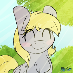 Size: 1000x1000 | Tagged: safe, artist:fluffyxai, character:derpy hooves, species:pegasus, species:pony, adorkable, blush sticker, blushing, chest fluff, crepuscular rays, cute, derpabetes, dork, eyes closed, female, mare, smiling, solo