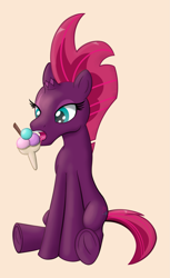 Size: 1303x2134 | Tagged: safe, artist:cybersquirrel, character:fizzlepop berrytwist, character:tempest shadow, species:pony, species:unicorn, my little pony: the movie (2017), broken horn, female, food, frog (hoof), ice cream, licking, shading, simple background, sitting, solo, tongue out, underhoof