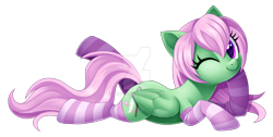 Size: 1600x807 | Tagged: safe, artist:centchi, oc, oc only, oc:spectral wind, species:pegasus, species:pony, clothing, female, mare, one eye closed, simple background, socks, solo, striped socks, transparent background, watermark, wink
