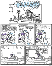 Size: 750x940 | Tagged: safe, artist:foudubulbe, character:maud pie, character:trixie, species:earth pony, species:pony, species:unicorn, comic:damp rocks, ship:mauxie, bed, comic, dialogue, female, lesbian, mare, monochrome, rock farm, shipping, sketch, speech bubble, suggestive series