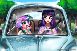 Size: 1100x733 | Tagged: safe, artist:racoonsan, character:princess flurry heart, character:twilight sparkle, character:twilight sparkle (alicorn), species:human, :d, aunt and niece, backpack, best aunt ever, blushing, car, clothing, cute, dawwww, driving, duo, eyeshadow, female, flurrybetes, happy, humanized, looking at each other, makeup, older, older flurry heart, open mouth, racoonsan is trying to murder us, sitting, smiling, twiabetes, vehicle, volkswagen, volkswagen beetle, weapons-grade cute, wings