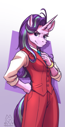 Size: 737x1425 | Tagged: safe, artist:mykegreywolf, character:starlight glimmer, species:anthro, species:pony, species:unicorn, ace attorney, apollo justice, bracelet, clothing, cosplay, costume, female, hand on hip, jewelry, mare, necktie, solo, suit
