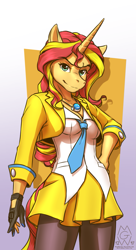 Size: 777x1425 | Tagged: safe, artist:mykegreywolf, character:sunset shimmer, species:anthro, species:pony, species:unicorn, ace attorney, athena cykes, clothing, cosplay, costume, female, gloves, looking at you, mare, pantyhose, skirt, skirt suit, smiling, solo