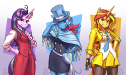 Size: 2375x1425 | Tagged: safe, artist:mykegreywolf, character:starlight glimmer, character:sunset shimmer, character:trixie, species:anthro, species:unicorn, g4, ace attorney, apollo justice, athena cykes, clothing, cosplay, costume, counterparts, crossover, eyebrows, eyebrows visible through hair, female, hat, looking at you, mare, signature, smiling, smirk, startrixset, three quarter view, top hat, trio, trucy wright, twilight's counterparts