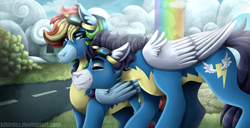 Size: 2400x1232 | Tagged: safe, artist:kikirdcz, character:rainbow dash, character:soarin', species:pegasus, species:pony, ship:soarindash, clothing, female, goggles, male, mare, multicolored hair, shipping, smiling, stallion, straight, uniform, wonderbolts uniform