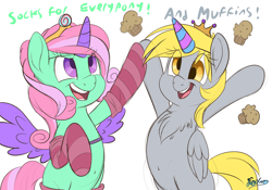 Size: 5000x3500 | Tagged: safe, artist:fluffyxai, character:derpy hooves, character:minty, chest fluff, clothing, cute, derpabetes, fake horn, fake wings, food, mintabetes, muffin, socks, striped socks, that pony sure does love muffins, that pony sure does love socks, xk-class end-of-the-world scenario
