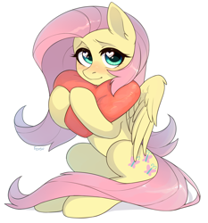 Size: 2680x2880 | Tagged: safe, artist:fensu-san, character:fluttershy, species:pegasus, species:pony, blushing, cushion, cute, female, heart, heart eyes, heart pillow, looking at you, mare, shyabetes, simple background, sitting, solo, white background, wingding eyes, wings