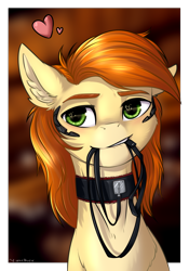 Size: 1782x2550 | Tagged: safe, artist:vincher, oc, oc only, oc:rave muller, species:pegasus, species:pony, collar, floating heart, heart, heart eyes, leash, male, mouth hold, pet play, solo, wingding eyes