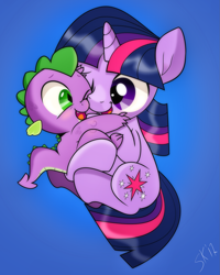 Size: 1647x2059 | Tagged: safe, artist:dsana, character:spike, character:twilight sparkle, species:dragon, species:pony, species:unicorn, baby, baby dragon, baby spike, blue background, cute, cutie mark, dsana is trying to murder us, female, filly, filly twilight sparkle, horn, hug, male, one eye closed, one eye open, scales, signature, simple background, spikabetes, spikelove, twiabetes, younger
