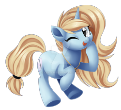 Size: 1024x935 | Tagged: safe, artist:centchi, oc, oc only, oc:kelly, species:pony, species:unicorn, female, mare, one eye closed, simple background, solo, tongue out, transparent background, watermark, wink
